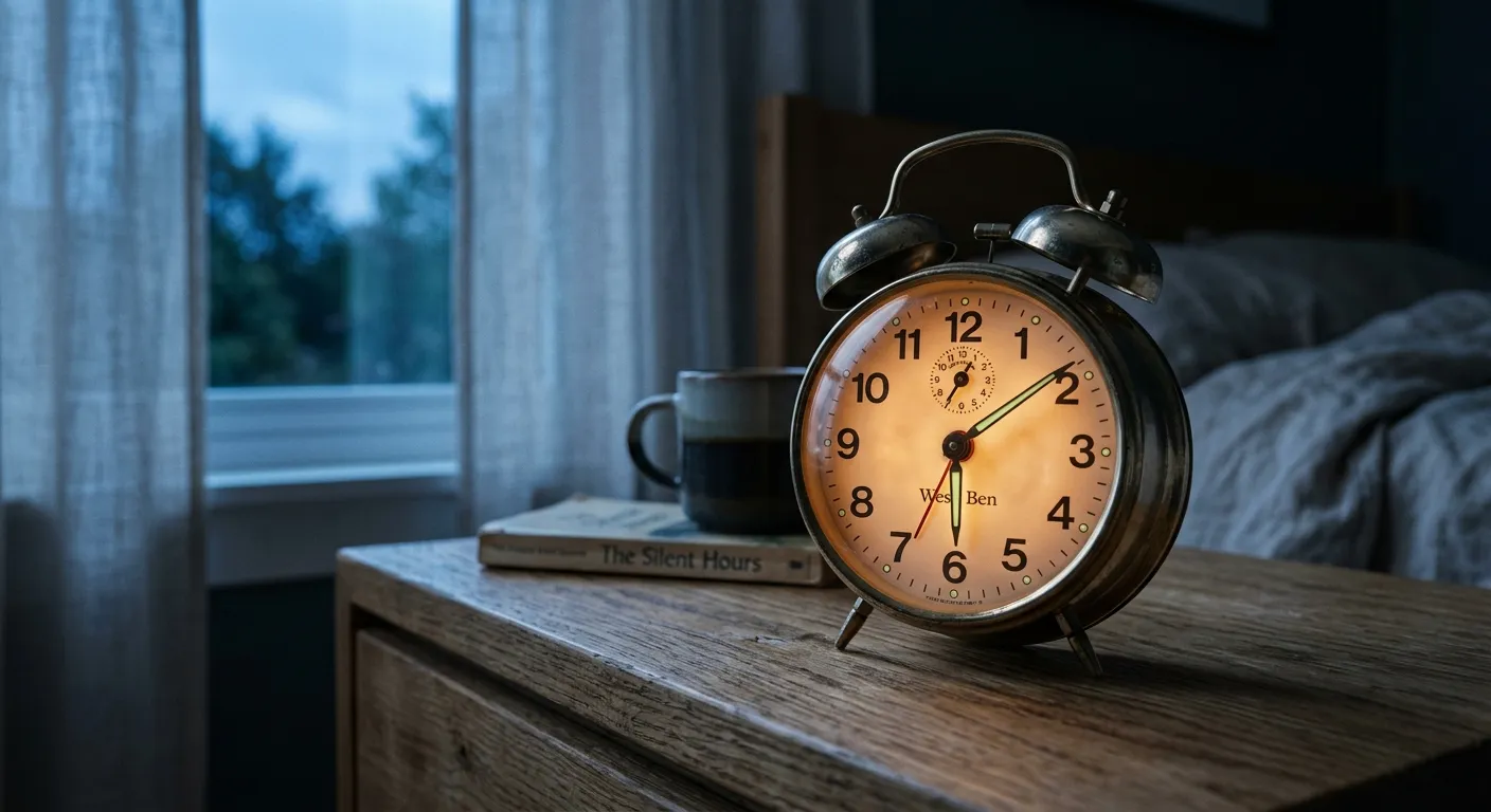A glowing analog alarm clock on a wooden bedside table in a dimly lit room
