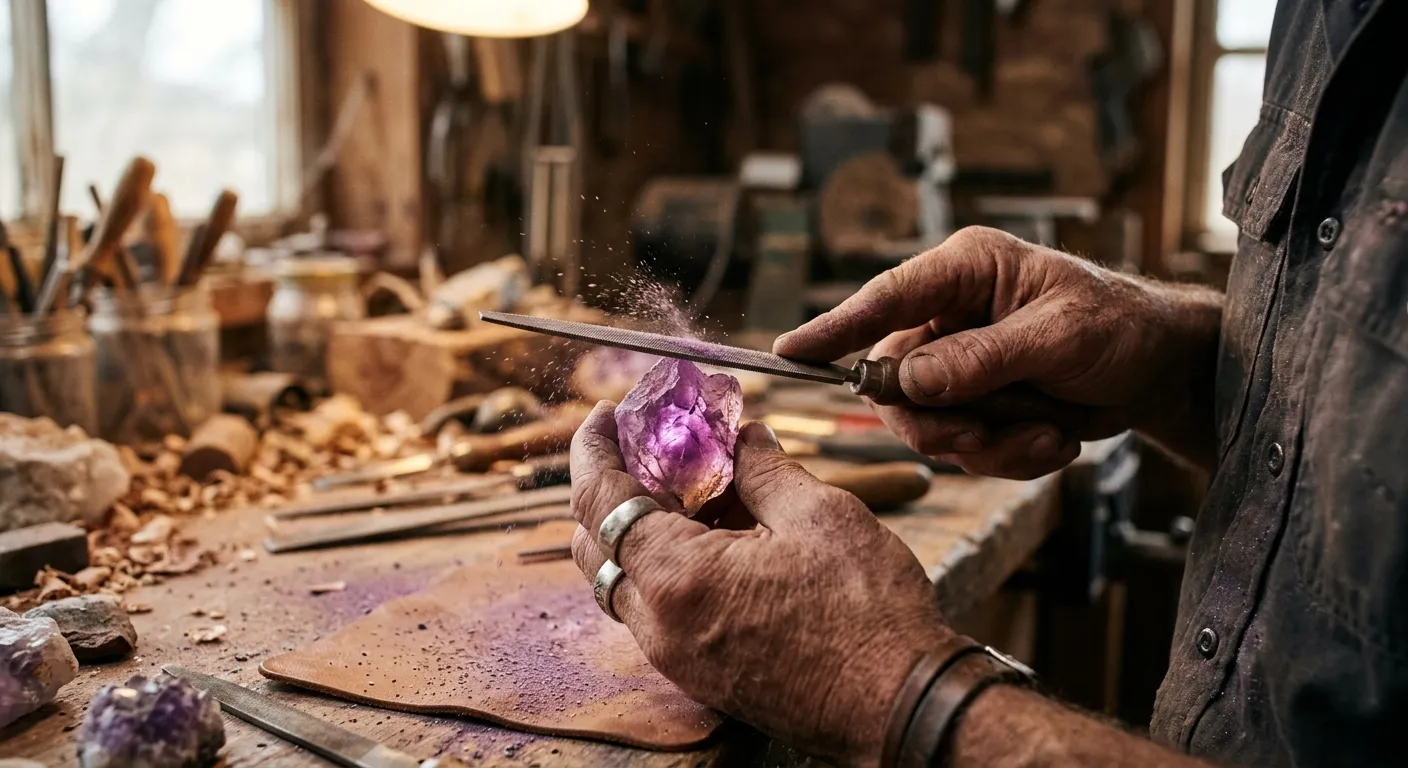 Close up of hands using a metal file to shape a raw amethyst crystal