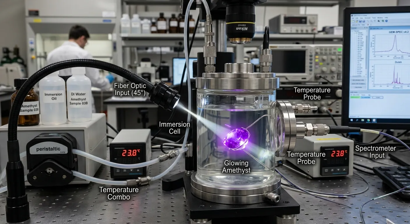 Gemstone submerged in an immersion cell under fiber-optic illumination