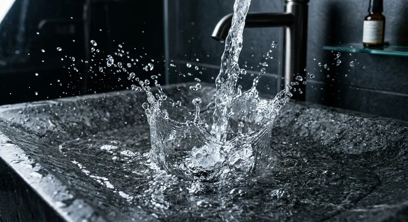 A sleek modern bathroom faucet pouring cold water into a basin